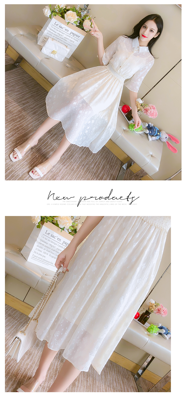 VK旗艦店 韓系收腰顯瘦優雅長裙雪紡短袖洋裝
