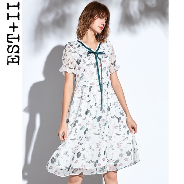 EST＋II 艺诗 18年夏装新款 V领短袖雪纺连衣裙 A字裙 天猫优惠券折后￥239包邮（￥389-150）