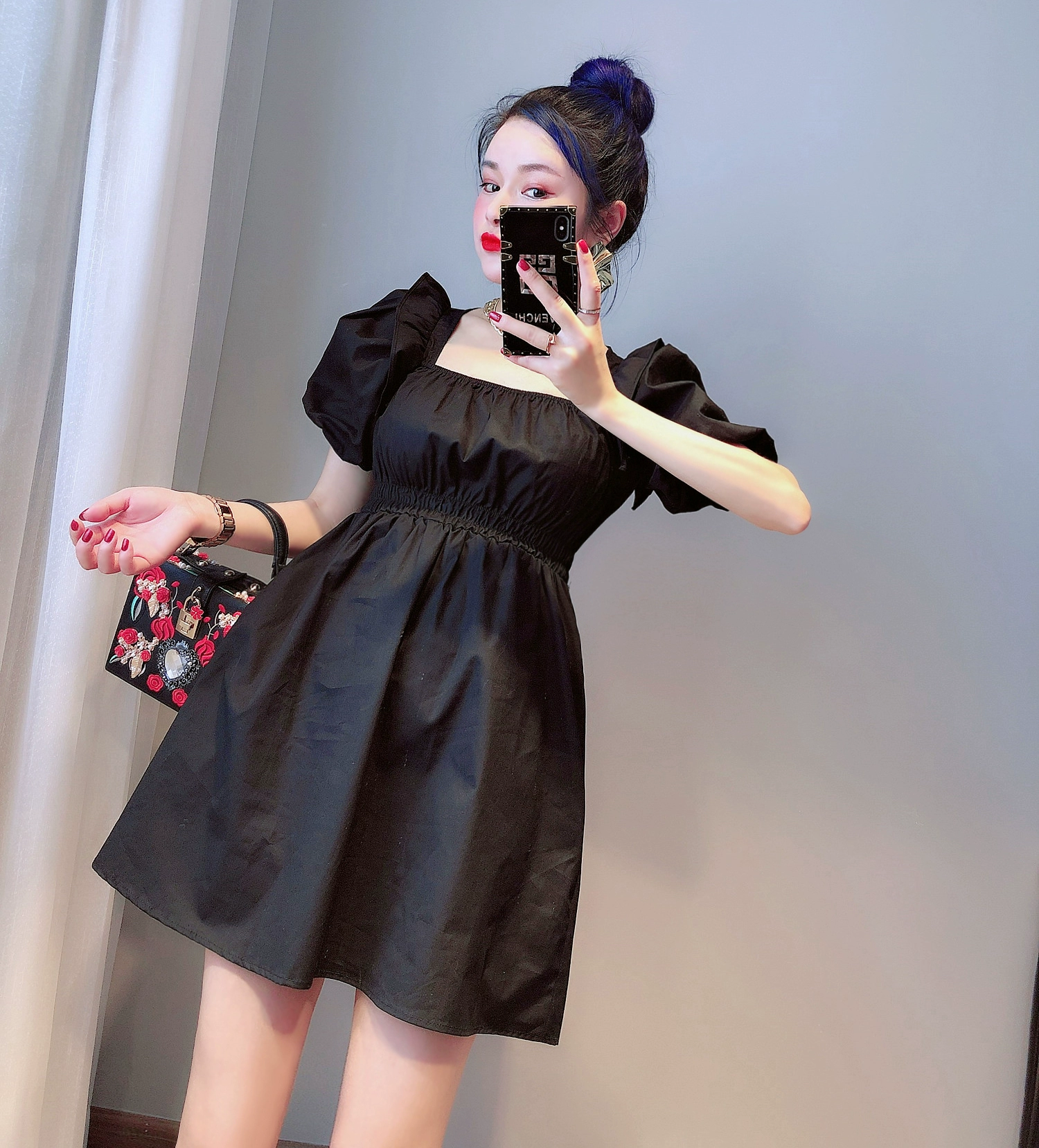 CHỈ YOU2020 mùa hè quý cô nữ khí chất vuông cổ áo bong bóng tay áo thun eo a-line cotton váy ngắn - Váy eo cao