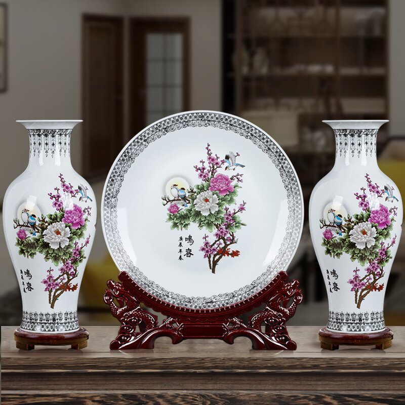Jingdezhen ceramic vase Chinese decoration large porcelain bottle three-piece wine cabinet decoration plate home craft gift decoration