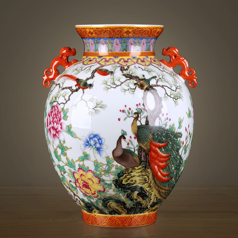 Jingdezhen ceramics ears colored enamel vase furnishing articles antique bottles of Chinese style living room TV cabinet decoration by the peacock