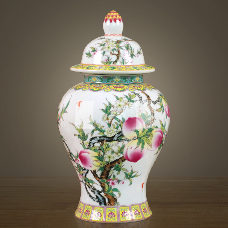 Jingdezhen ceramics nine peach figure general tank of storage tank of the new Chinese style household furnishing articles sitting room TV cabinet decoration