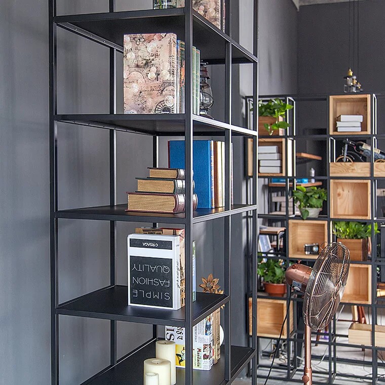 American vintage bookshelf Wrought iron metal bookcase Solid wood shelf Living room storage shelf Floor-to-ceiling display stand Display stand