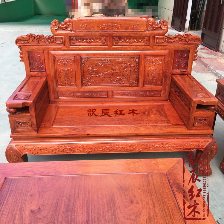 Nội thất gỗ gụ Miến gỗ hồng mộc cuộn 123 bộ sofa gồm sáu trái cây lớn kết hợp phòng khách bằng gỗ hồng - Bộ đồ nội thất