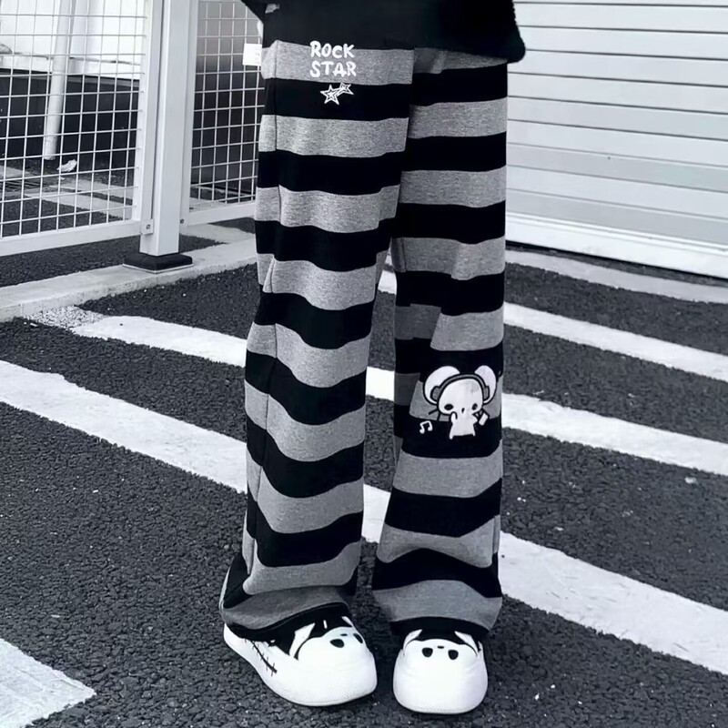 Autumn-Style Two-Dimensional Y2K Punk Mouse Embroidery Black and Gray Striped Long Pants for Women, Subculture Cute Casual Pants