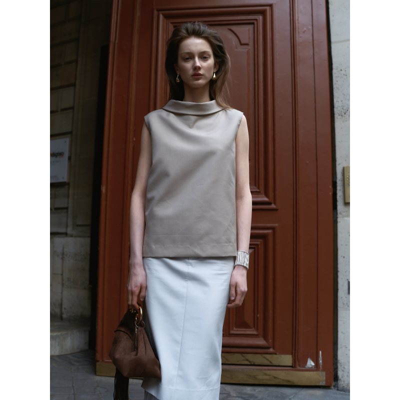 Preekend Khaki Suit H-Shaped Loose Round Neck Sleeveless Elegant Commuter Short Top
