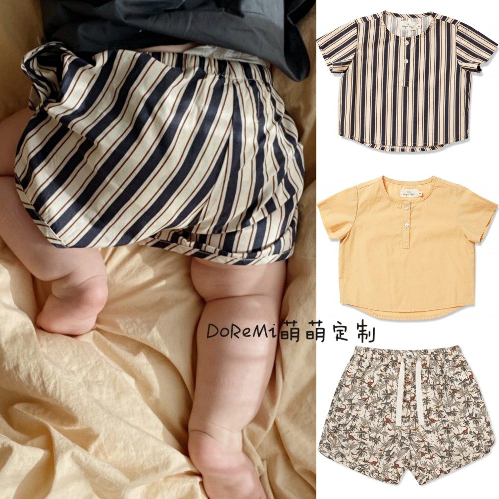 Summer ks the same boy All pure cotton shorts ultra-thin baby bag fart pants pure color printed stripe breathable big PP pants