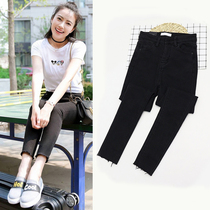 Gao Yuanyuan star Same Jeans women with thin velvet high waist irregular wool edge nine-point pants thin black