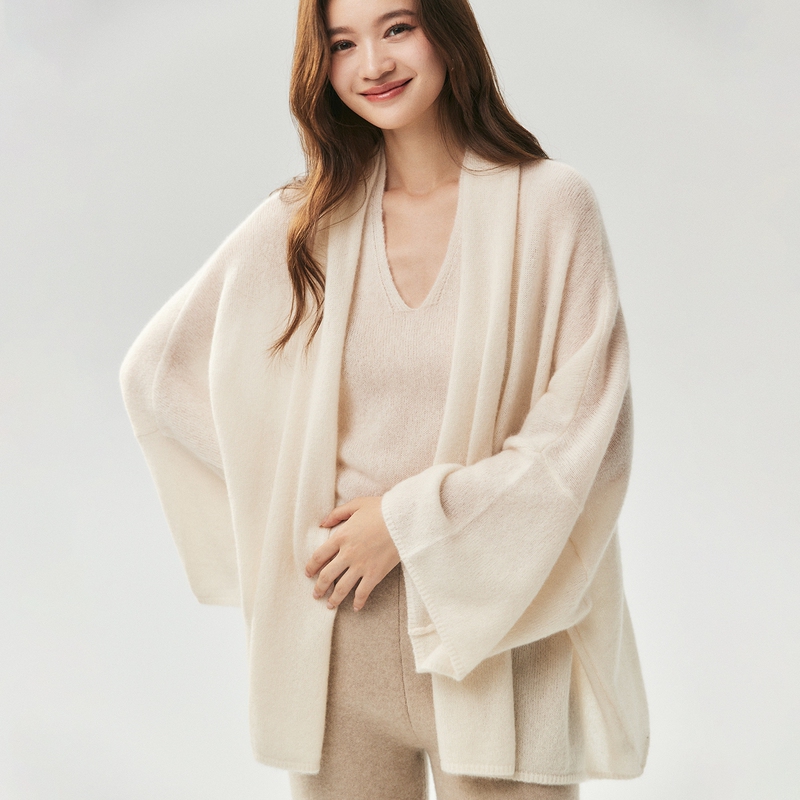 Hershey Silk 25% Mulberry Silk 75% Cashmere Knitted Cardigan for Women, Wide Sleeves, Loose and Lazy Sweater, Oversized Coat