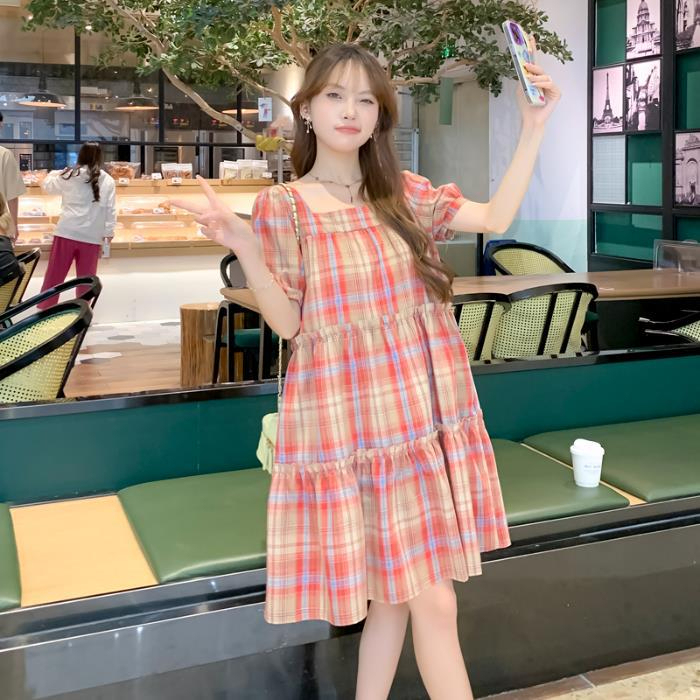 Maternity Dress Summer Dress Petite 2026 New Slimming Square Neck Plaid A-Line Mid-Length Floral Dress