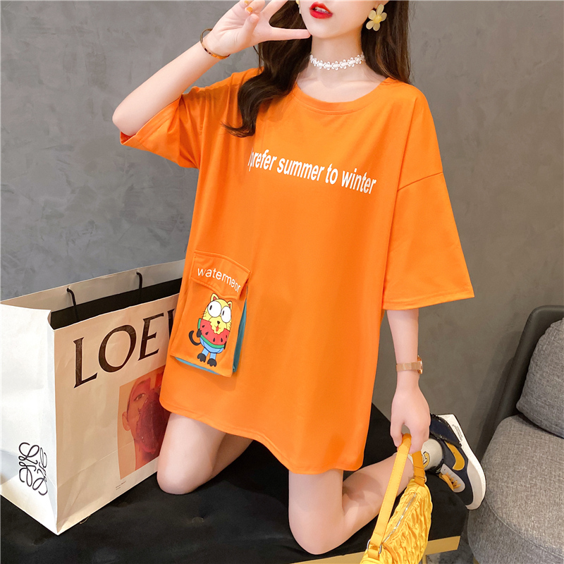Pregnant Woman Summer Clothing Fashion Solid Pocket Korean Version Short Sleeves Medium Long Version Blouse Printed Without Boomer T-shirt Woman