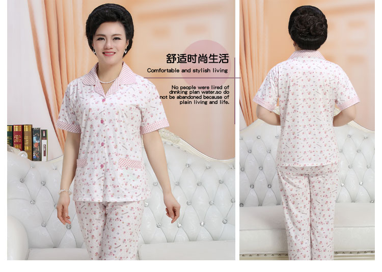 Mùa hè nam giới và phụ nữ trung niên đồ ngủ cotton ngắn tay quần kích thước lớn cardigan cha mẹ trung niên dịch vụ nhà phù hợp với