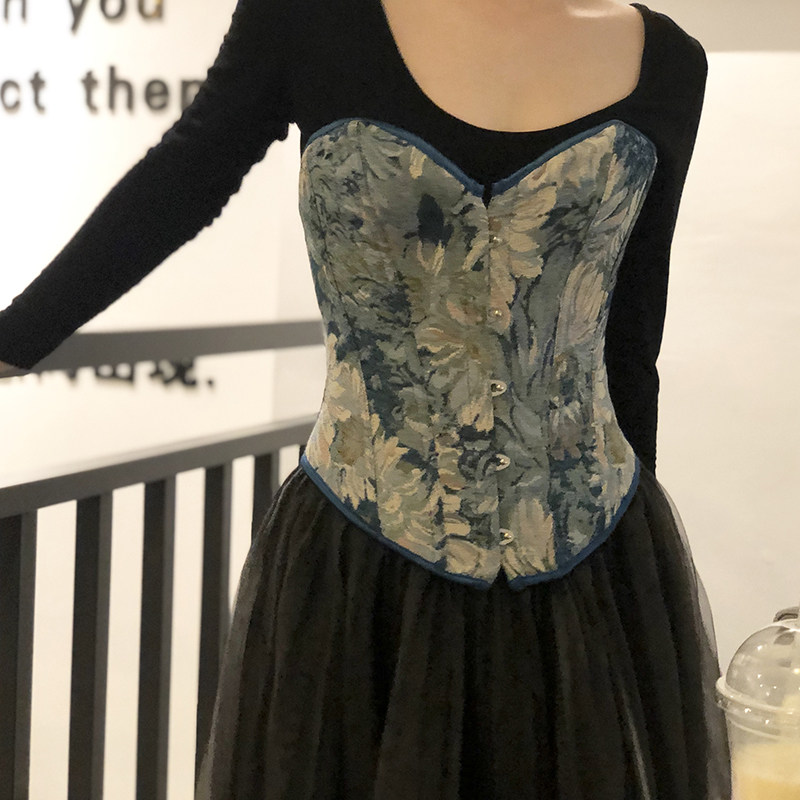 561 Short-style corset 5 buckle 30cm Monet oil painting colour loom jacquard fish bone bunches body-coated blouses with sleeveless breasts-Taobao