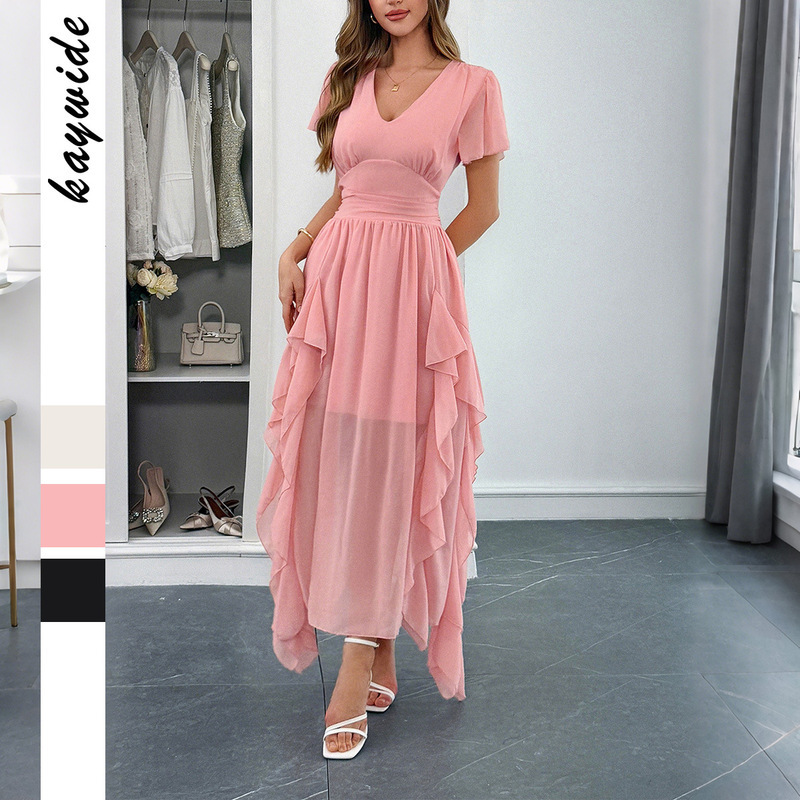 European and American Cross-Border Women's Clothing 2025 Summer Amazon Independent Site Casual Resort Style Short-Sleeved Waist-Cinching Long Dress