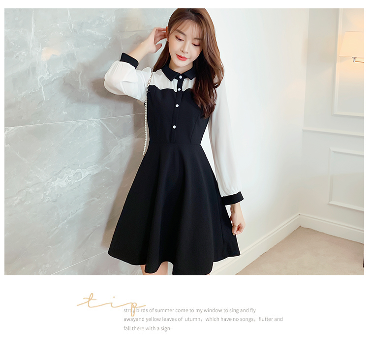 VK旗艦店 韓國學院風顯瘦高腰撞色雪紡拼接長袖洋裝