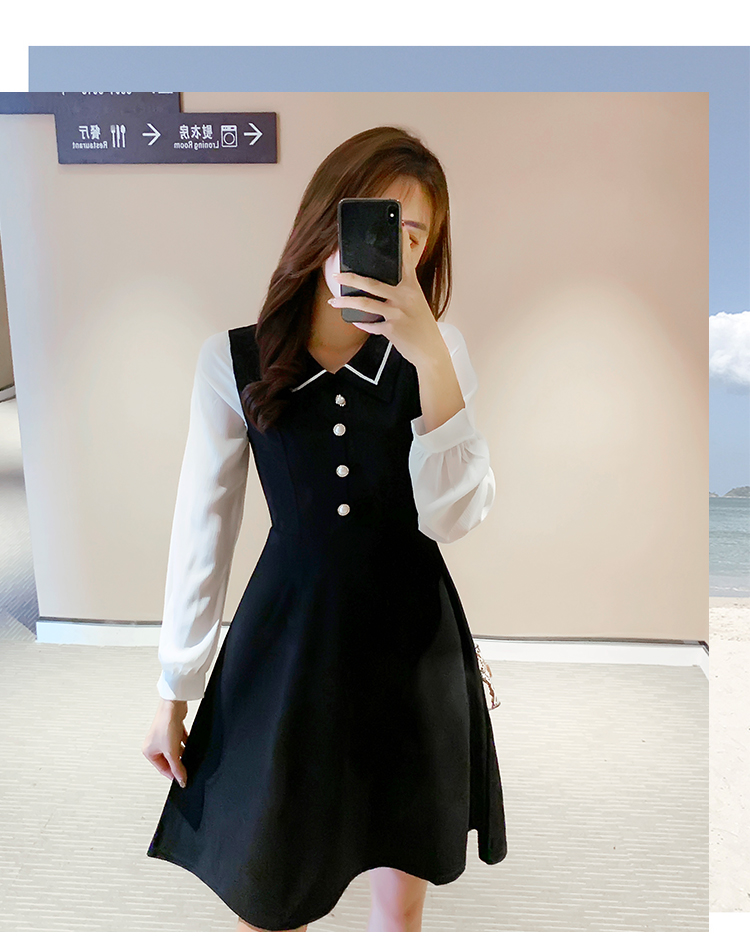 VK旗艦店 韓系翻領小香風修身顯瘦泡泡袖拼接長袖洋裝