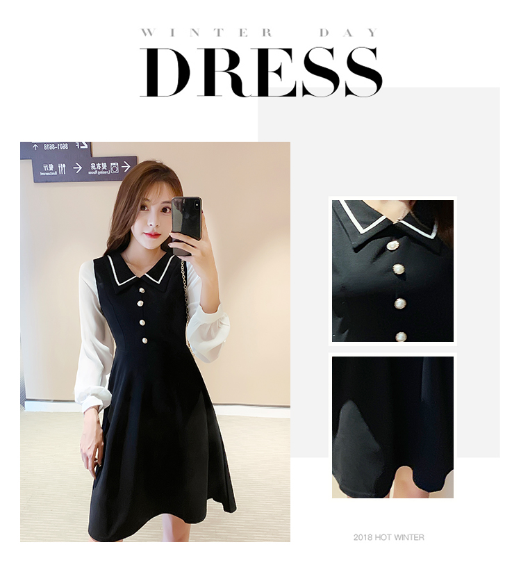 VK旗艦店 韓系翻領小香風修身顯瘦泡泡袖拼接長袖洋裝