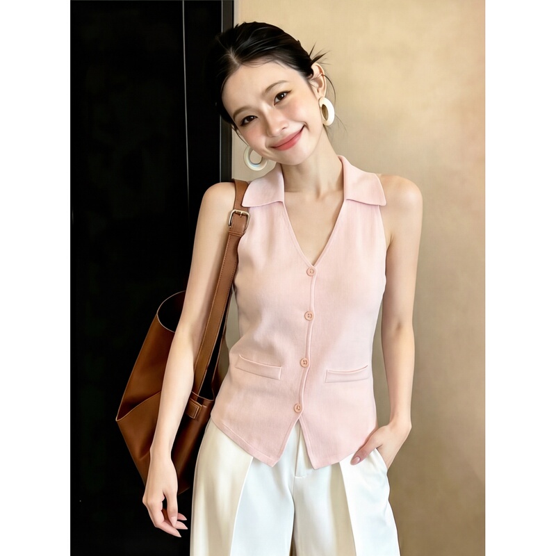 Pure Desire Style Backless Ice Silk Knit Top for Women, Summer Sweet and Spicy Versatile V-Neck Sleeveless Tank Top Polo Shirt Pure Desire Style Backless Ice Silk Knit Top for Women, Summer Sweet and Spicy Versatile V-Neck Sleeveless Tank Top Polo Shirt