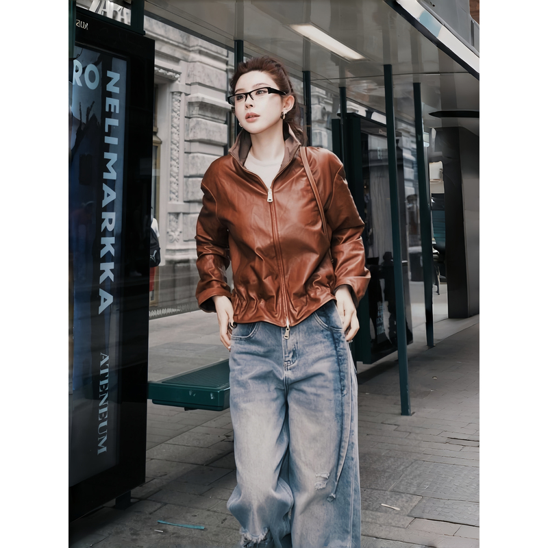 Ah Double Asfo [Eagle Eye] Sheepskin Stand Collar Glossy Reversible Short Leather Jacket Zppy02931
