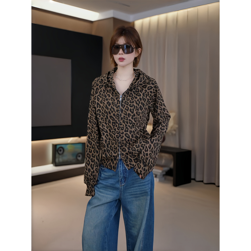 Ah Double Asfo [Little Cheetah] Leopard Print Double Zipper Cotton Hooded Sweatshirt Jacket for Women Wt03562