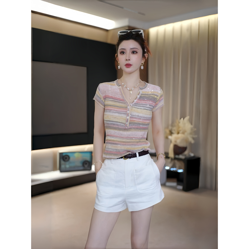Ah Double Asfo【Rainbow T】Colorful Yarn Sequin Contrast Stripe Half-Open Collar Knitted Short-Sleeve Top for Women Xs01176 Ah Double Asfo【Rainbow T】Colorful Yarn Sequin Contrast Stripe Half-Open Collar Knitted Short-Sleeve Top for Women Xs01176