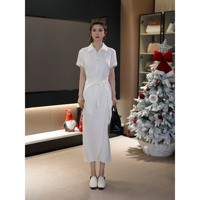 Ah Double Asfo【Lafu Skirt】100% Linen Classic Old Money Style Polo Wrap Dress Lyq00920 Ah Double Asfo【Lafu Skirt】100% Linen Classic Old Money Style Polo Wrap Dress Lyq00920