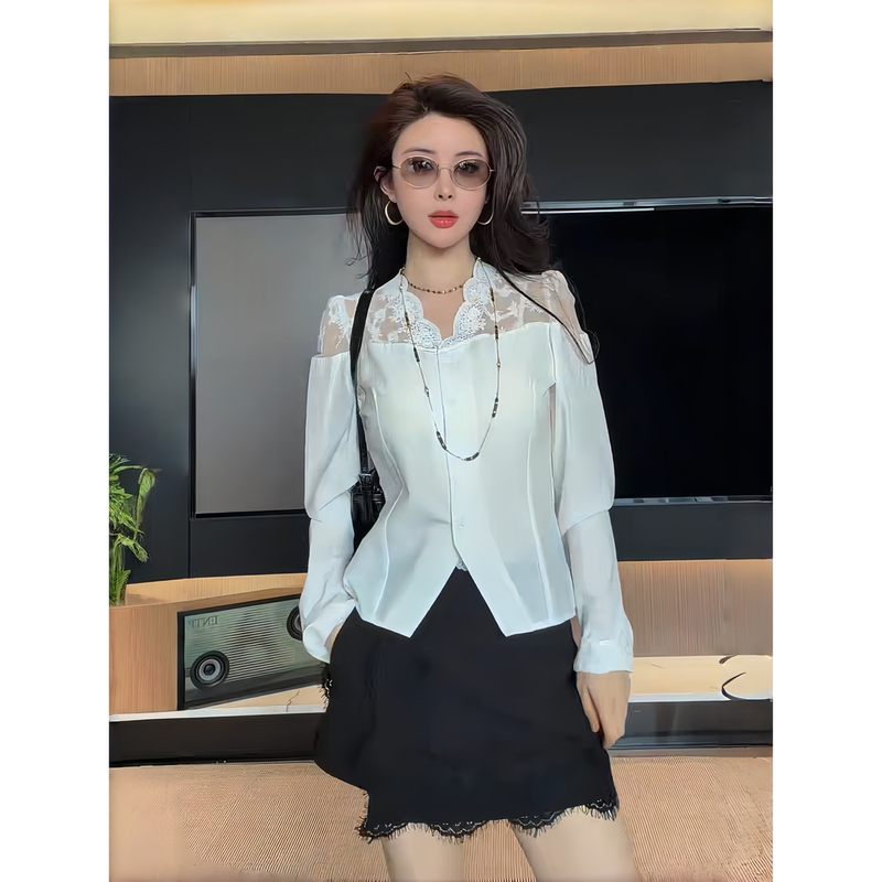 Ah Double Asfo【Dancing Flower】French V-Neck Lace Patchwork Embroidered Elegant Waist-Cinching Shirt for Women Cs00123