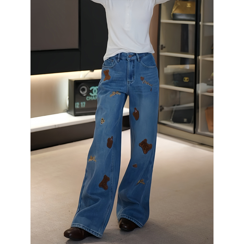 Ah Double Asfo【Caramel Bear】Cartoon Pattern Hand-Embroidered Thickened and Fleece-Lined Versatile Wide-Leg Jeans for Women Ah Double Asfo【Caramel Bear】Cartoon Pattern Hand-Embroidered Thickened and Fleece-Lined Versatile Wide-Leg Jeans for Women