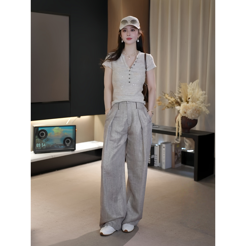 Ah Double Asfo [Sequin t] Sequin Yarn Half-Open Collar Elastic Slim-Fit Stylish Short-Sleeve T-Shirt Top Tx00808