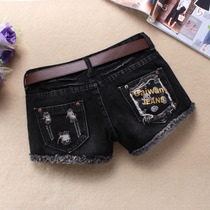 2021 autumn and winter new denim shorts women wear out hot pants boots show thin large size burr holes black denim