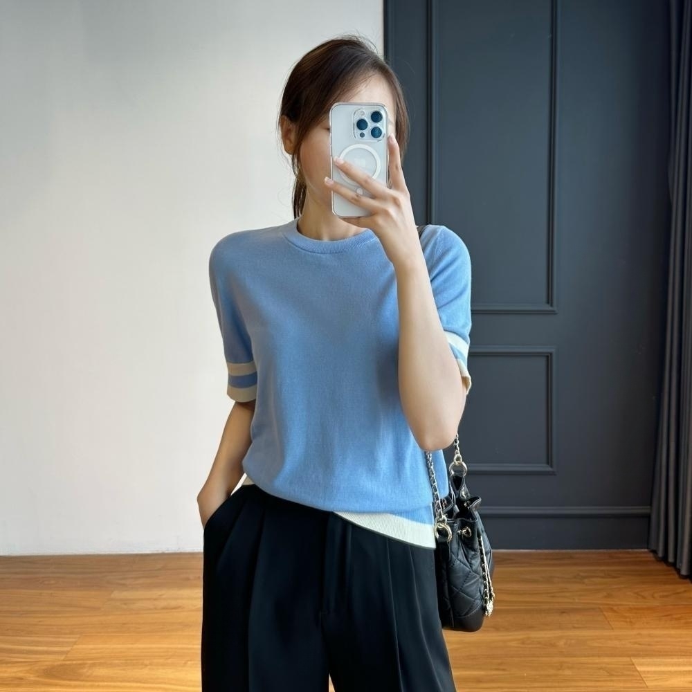 Deficit Benefit small crowdDesign Collision Color Striped Round Collar Loose Comfort Breathable Pure Cotton Knit Short Sleeve Blouse woman-Taobao