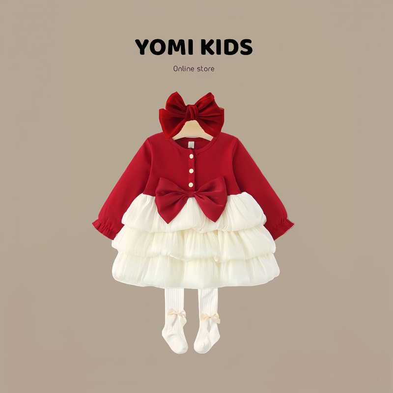 Baby Girl Long-Sleeved Dress 2026 Spring & Fall New Style Girl's Big Bow Princess Dress First Birthday Dress