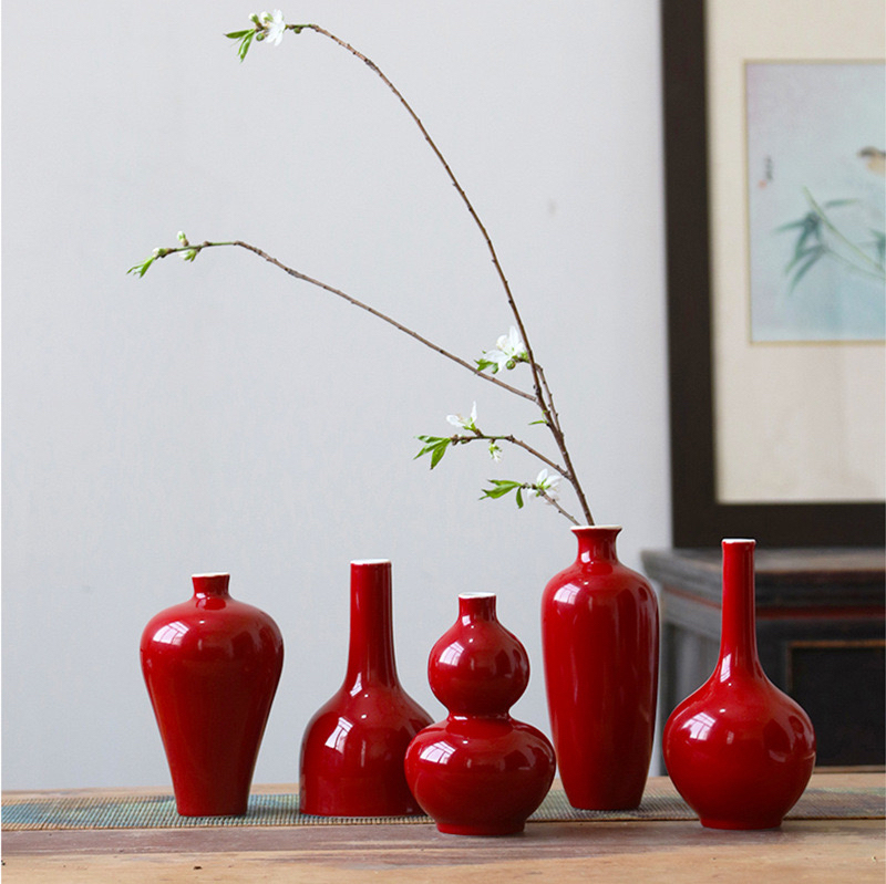 Ceramic Vase Red Festive Wedding Housewarming New Year Decoration New Chinoiserie Home Furnishings Retro Zen Flower Arrangement