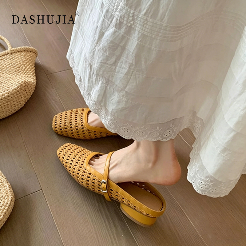 Uncle's Brand Genuine Leather Yellow Platform Mules for Women, Summer 2026 New Style, Hollow Woven Chunky Heel Sandals