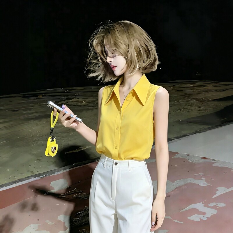 Elegant Women's Yellow Sleeveless Shirt, New Summer Design, Waist-Cinching, Slimming, Unique, Beautiful and Stunning Shirt