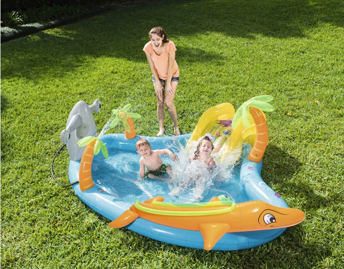 Mới lớn cá mập inflatable pad hồ bơi với slide có thể phun nước vườn hồ bơi phim hoạt hình động vật đồ chơi bóng hồ bơi