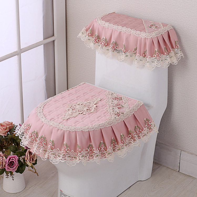2022 new ten-mile peach blossom high-grade lace fabric zipper type household toilet seat cushion three-piece cover