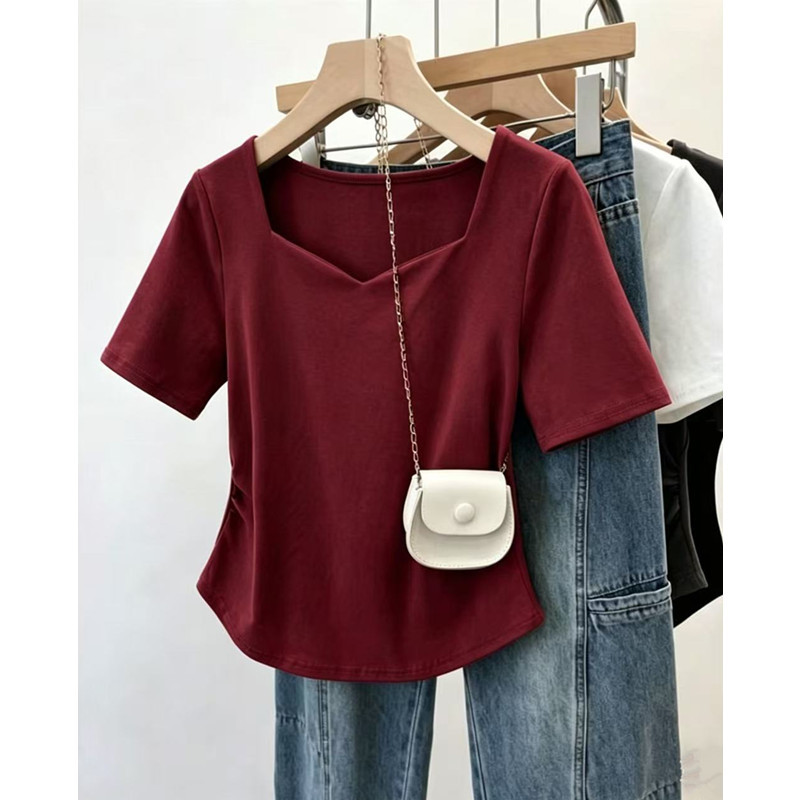 Plus-Size Square-Neck Short-Sleeve T-Shirt for Women, Summer, Slightly Chubby, Tummy-Covering, Slimming, Irregular Style, Trendy Top 120kg