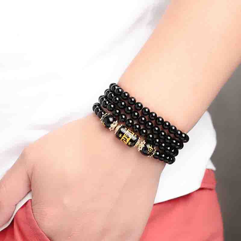 Natural Obsidian Bracelet with 108 Beads, Multi-Layer Zodiac Good Luck Bracelet for Men and Women, Birth Year Prayer Beads for Rat and Tiger