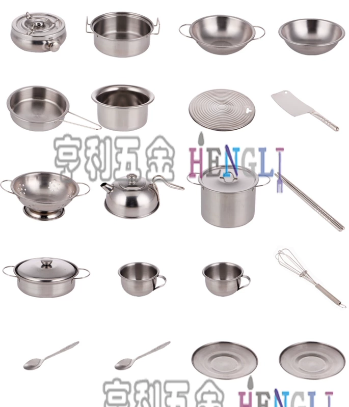 Trẻ em Puzzle House Mini Kitchen Bộ đồ chơi Cô gái nấu cơm nấu bằng thép không gỉ Mô phỏng Bộ đồ ăn