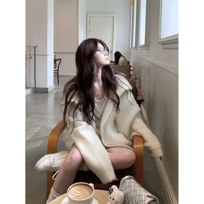 Korean-Style Atmospheric Soft and Cozy Hooded Zip-Up Sweater Jacket for Women, Autumn and Winter, Lazy and Loose Knit Cardigan, Thick