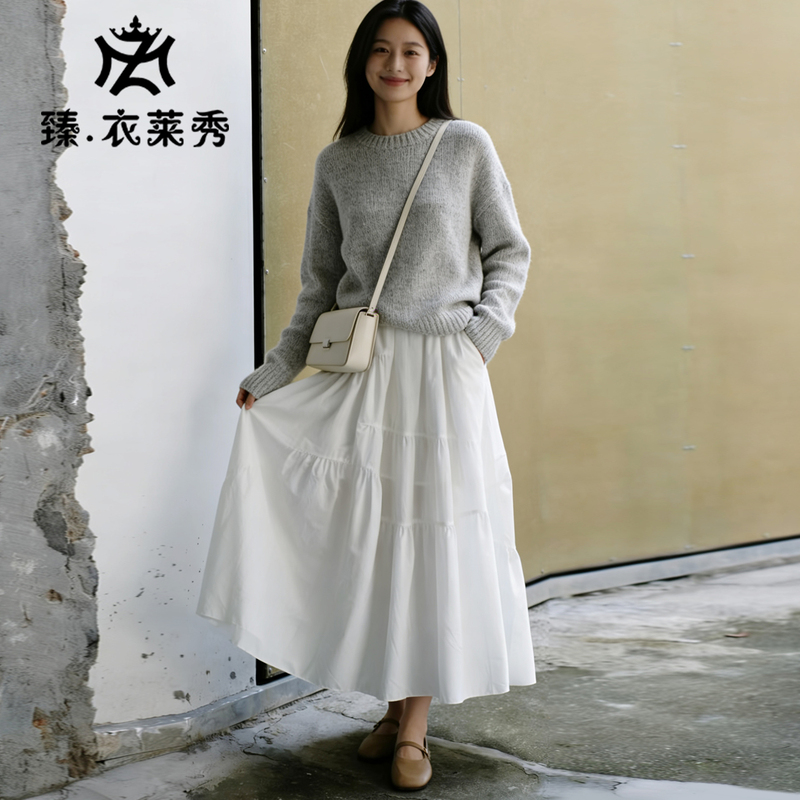 Women's A-Line Long Skirt, White Casual Skirt, Spring High-Waisted Skirt for Petite and Plus-Size Women
