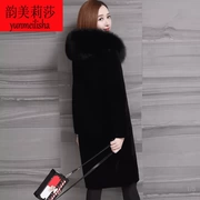 Áo choàng lông cừu mới cắt lông lông dài phần lông cáo lông cổ áo len trùm đầu một giả