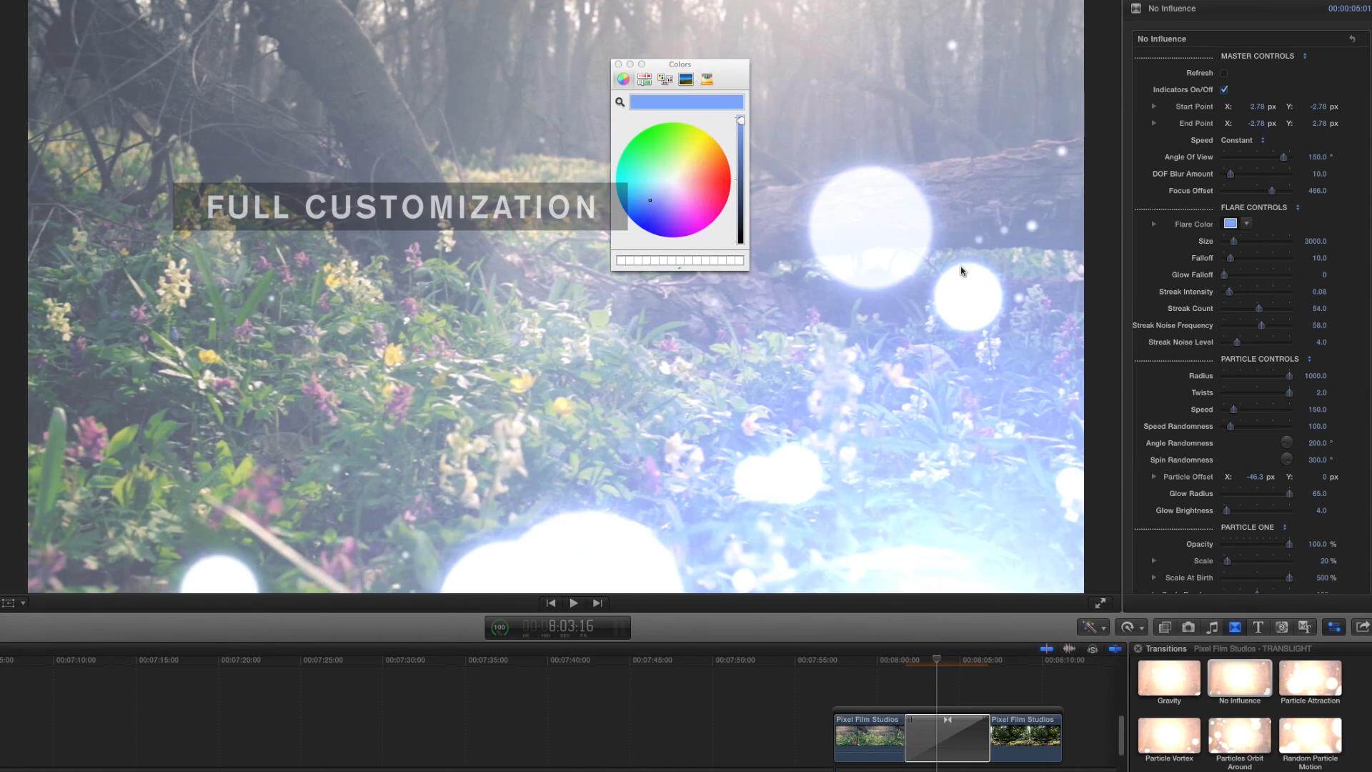 FCPX转场插件：唯美浪漫漂亮光斑粒子转场动画 TransLight