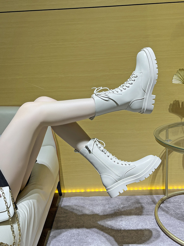 Thick-Soled Martin Boots for Women 2026 New British Style Short Boots Autumn and Winter Fleece-Lined Black White Mid-Calf Single Boots with Side Zipper
