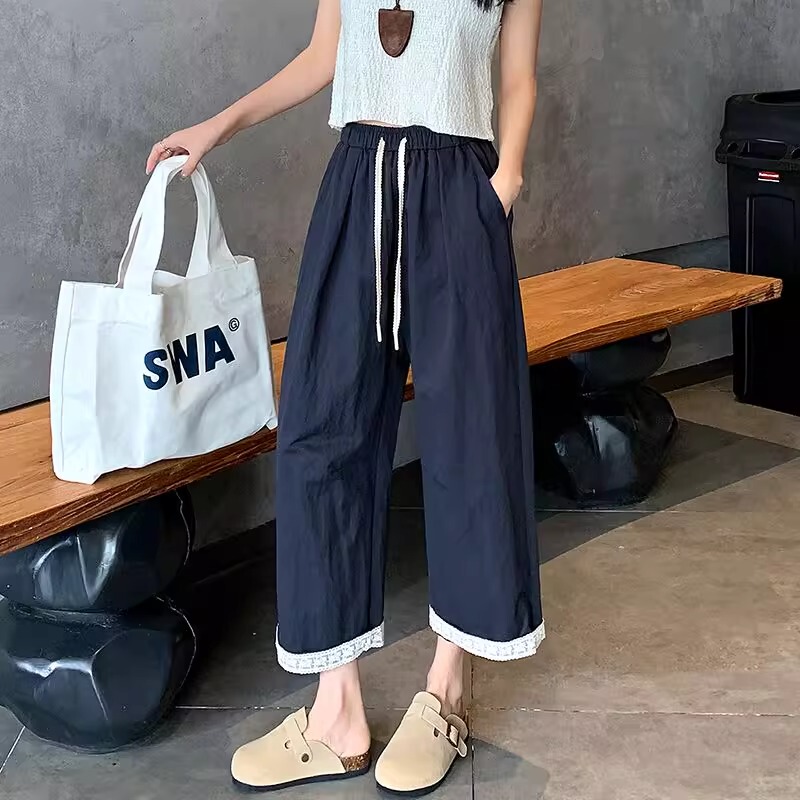 Balloon Carrot Pants for Women, Plus Size, Summer Thin Style, Drapey Granny Pants, Lazy Lace Trim, Ice Silk Wide-Leg Cropped Pants