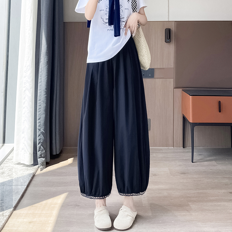 Navy Blue Lantern Wide-Leg Pants for Women, Summer Thin Style, Plus Size, High-Waisted, Loose, Slimming, Ice Silk, Nine-Point Balloon Casual Pants Navy Blue Lantern Wide-Leg Pants for Women, Summer Thin Style, Plus Size, High-Waisted, Loose, Slimming, Ice Silk, Nine-Point Balloon Casual Pants