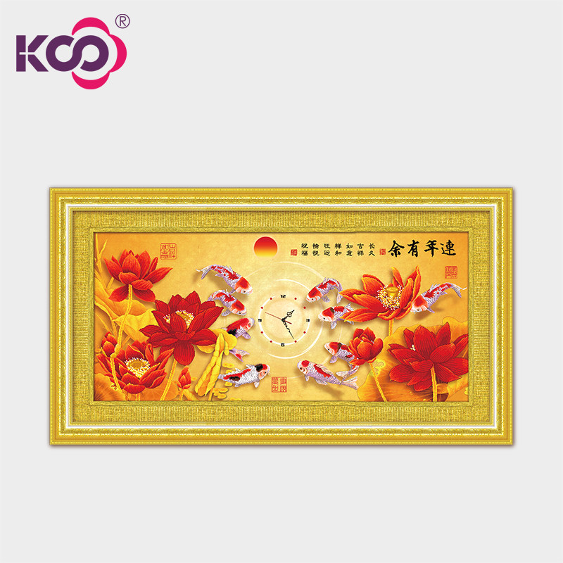 Ks cross stitch new living room 1 meter 6 large 3D printed cloth pure cotton clock golden lotus auspicious nine fish figure