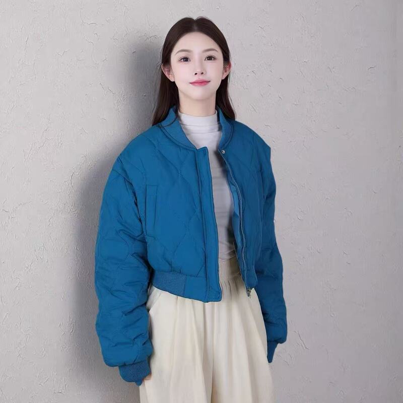 High-Waisted Short Diamond-Patterned Lightweight Cotton Jacket for Petite Women, Autumn and Winter Blue Quilted Baseball Jacket Top