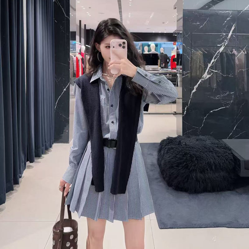 Mo2026 Genuine Spring New Dress Two-Piece Set with Sheep Wool Shawl and Blue and White Checkered Shirt Mbf1Drs039